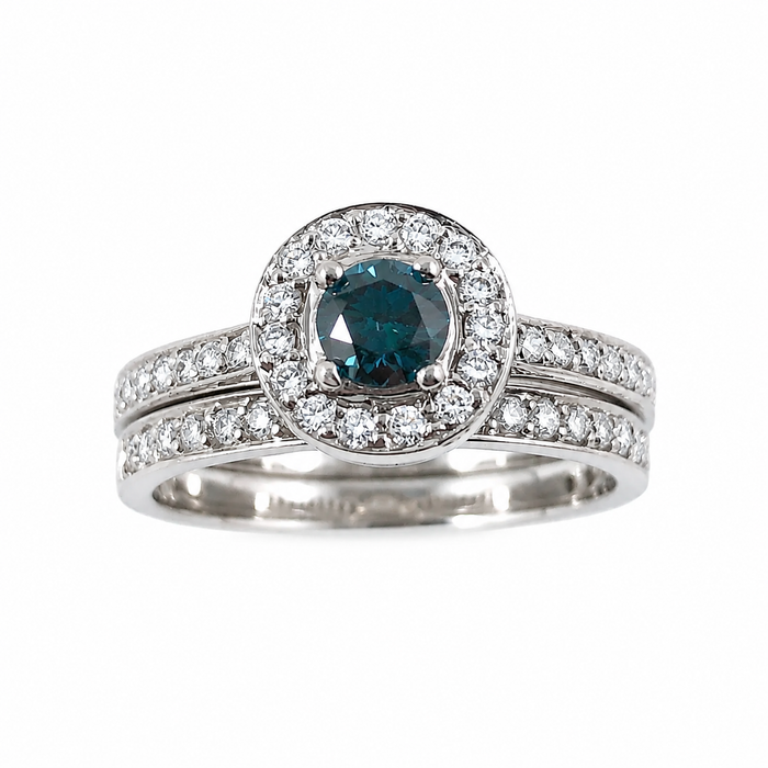Blue diamond round diamond halo 14k white gold wedding ring set