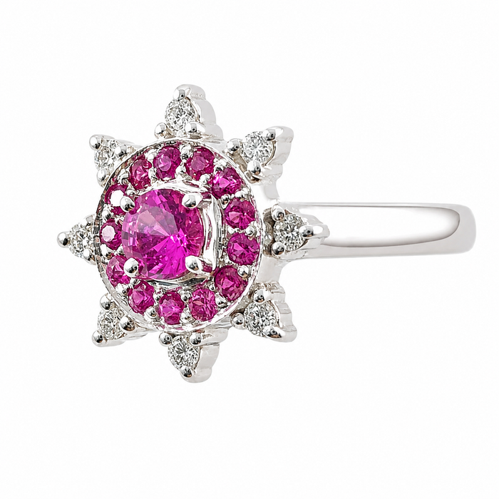 Australian pink sapphire pink ruby diamond 14k white gold flower ring