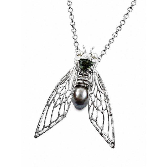 Cicada insect Tahitian pearl Australian green trillion cut sapphire rhodium plated silver pendant necklace