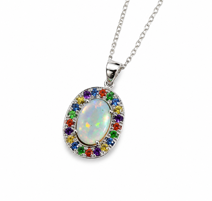 Australian opal fancy sapphires and amethyst halo white gold pendant necklace