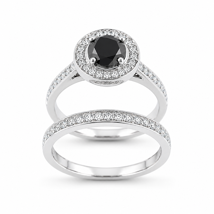 Black diamond round diamond halo 14k white gold wedding ring set