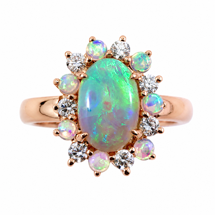 Australian black opal and diamond halo 14k rose gold ring