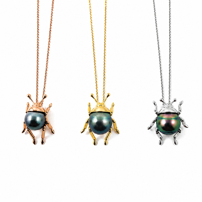 Beetle insect Tahitian pearl, 14k rose gold pendant necklace