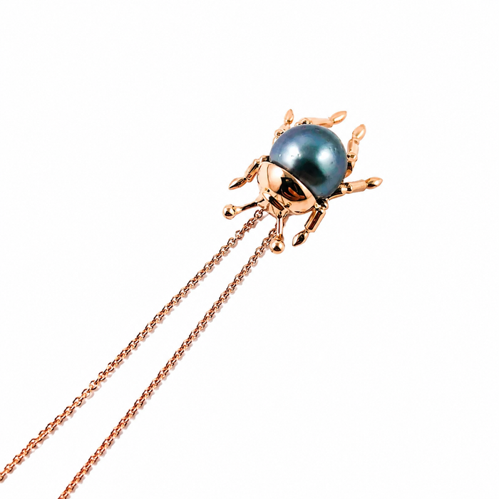 Beetle insect Tahitian pearl, 14k rose gold pendant necklace