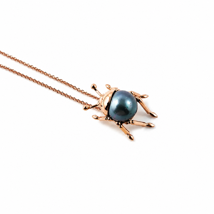 Beetle insect Tahitian pearl, 14k rose gold pendant necklace