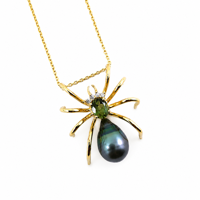 Spider arachnid insect Tahitian pearl Australian parti sapphire 14k yellow gold pendant necklace