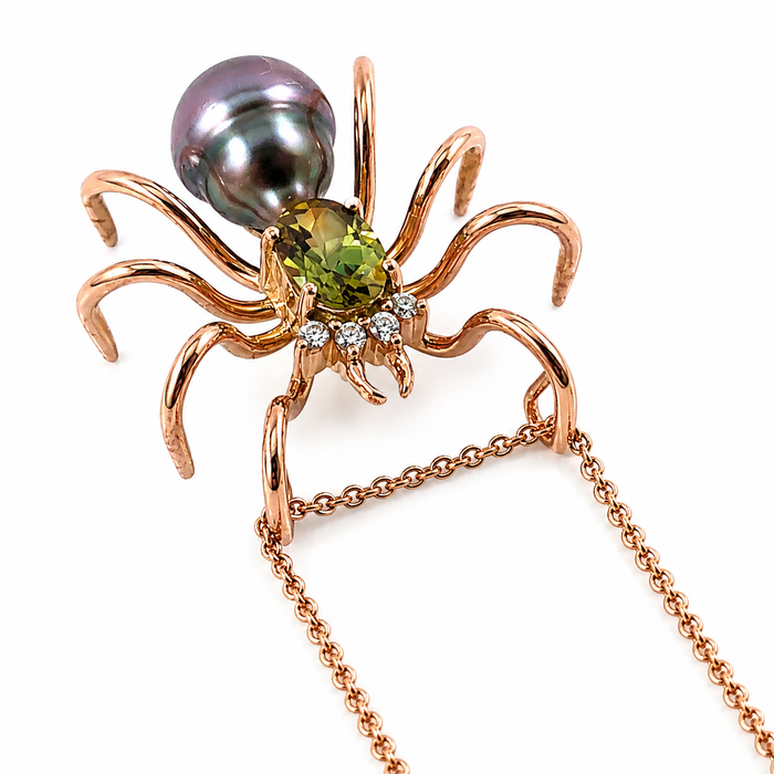 Spider arachnid insect Tahitian pearl Australian parti sapphire 14k rose gold pendant necklace