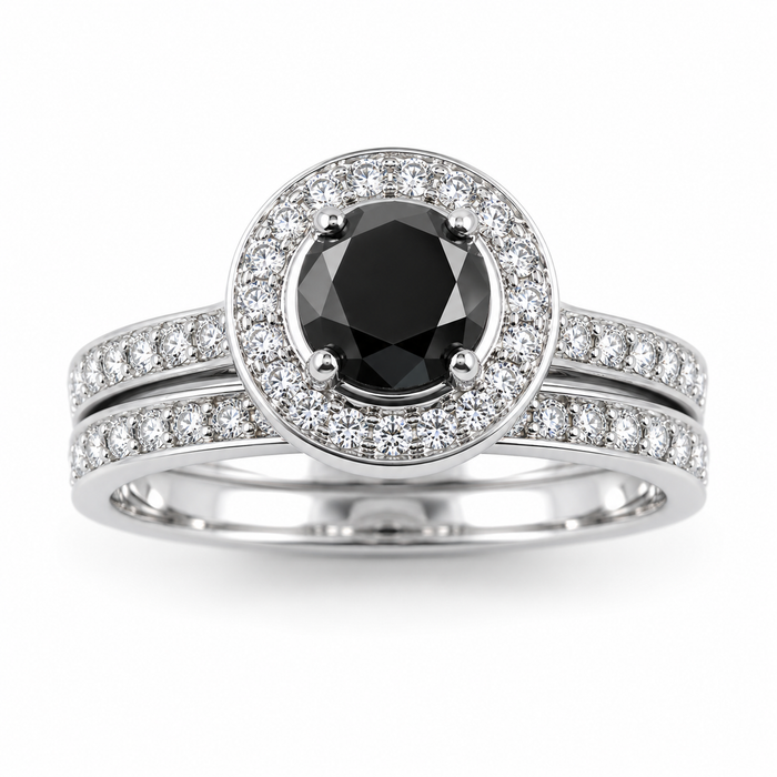 Black diamond round diamond halo 14k white gold wedding ring set