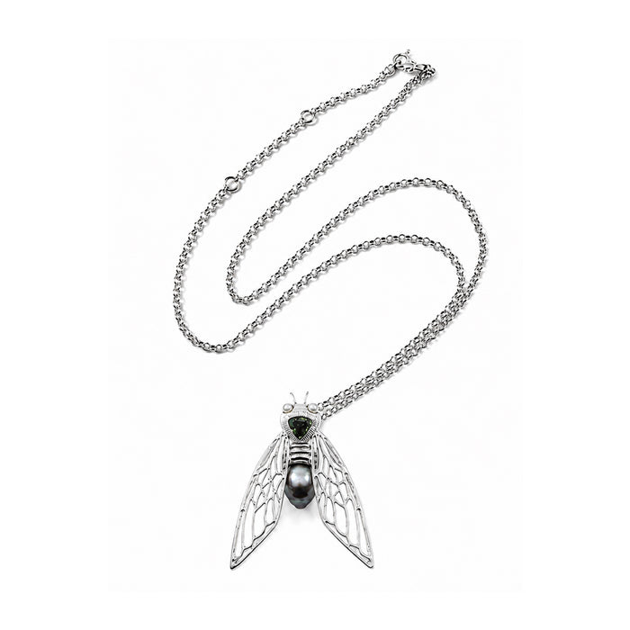 Cicada insect Tahitian pearl Australian green trillion cut sapphire rhodium plated silver pendant necklace