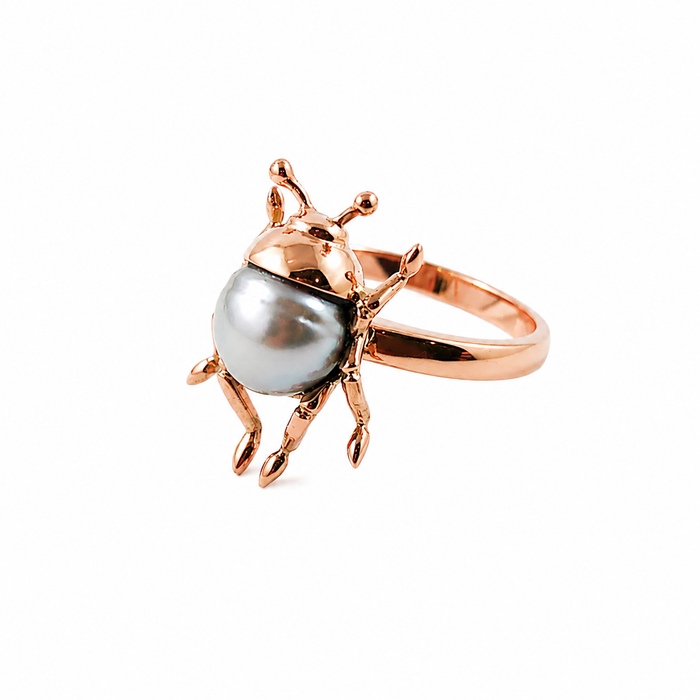 Beetle bug insect Tahitian pearl 14k rose gold ring