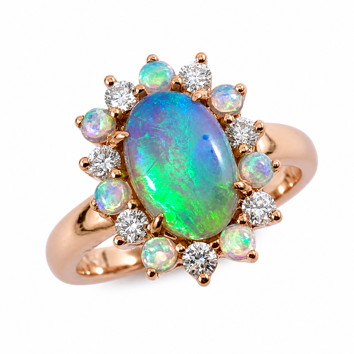 Australian black opal and diamond halo 14k rose gold ring