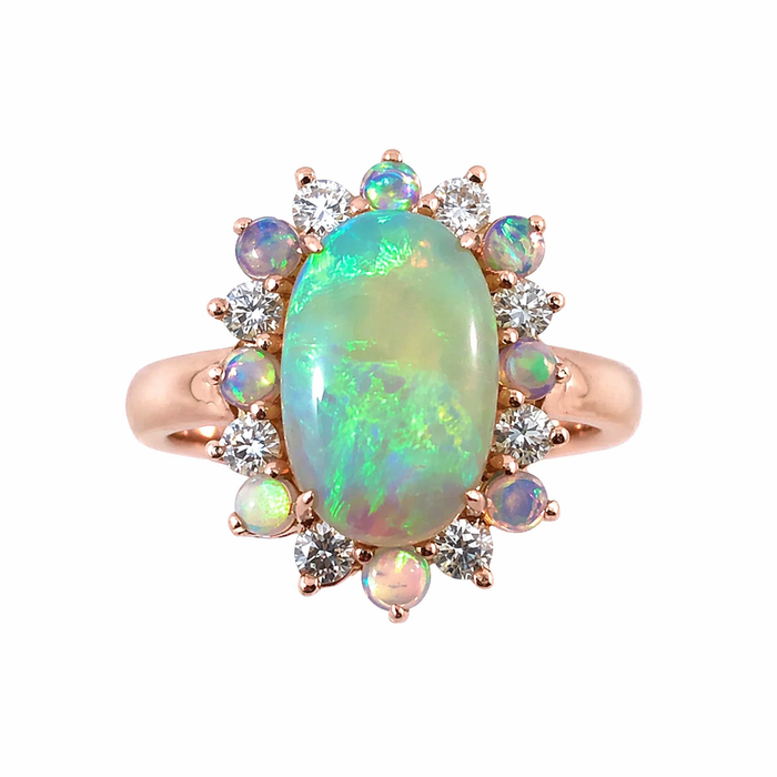 Australian jelly opal diamond halo 14k rose gold ring