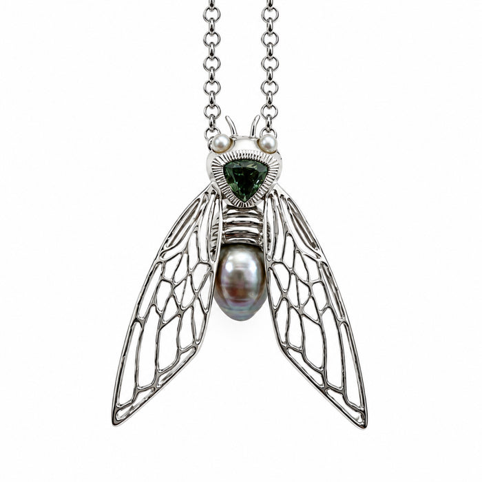 Cicada insect Tahitian pearl Australian green trillion cut sapphire rhodium plated silver pendant necklace