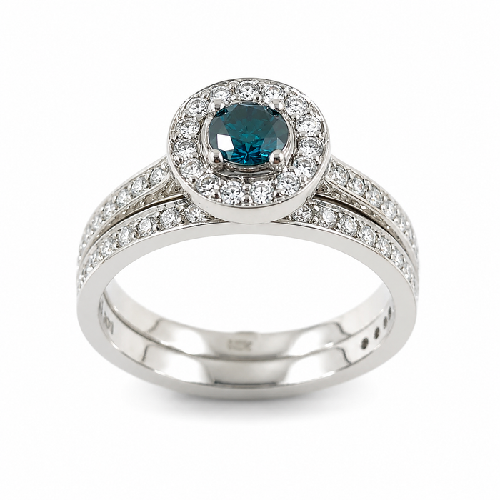Blue diamond round diamond halo 14k white gold wedding ring set