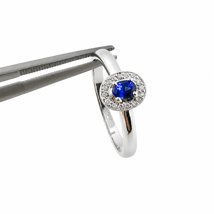 Ceylon sapphire oval and white diamond halo 14k white gold ring
