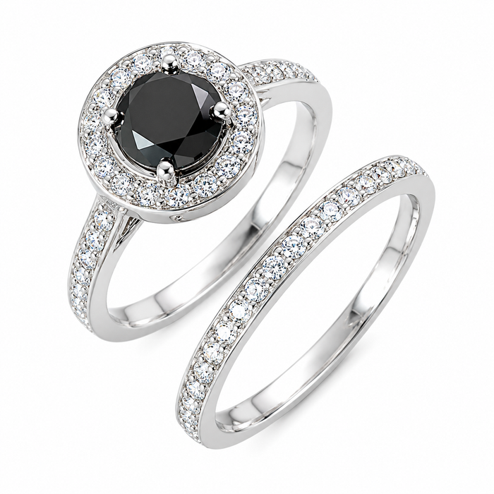 Black diamond round diamond halo 14k white gold wedding ring set