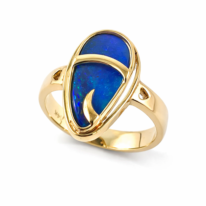 Australian blue Boulder opal organic sprout design solid yellow gold ring Size 11.5 US - Ready to ship or resize