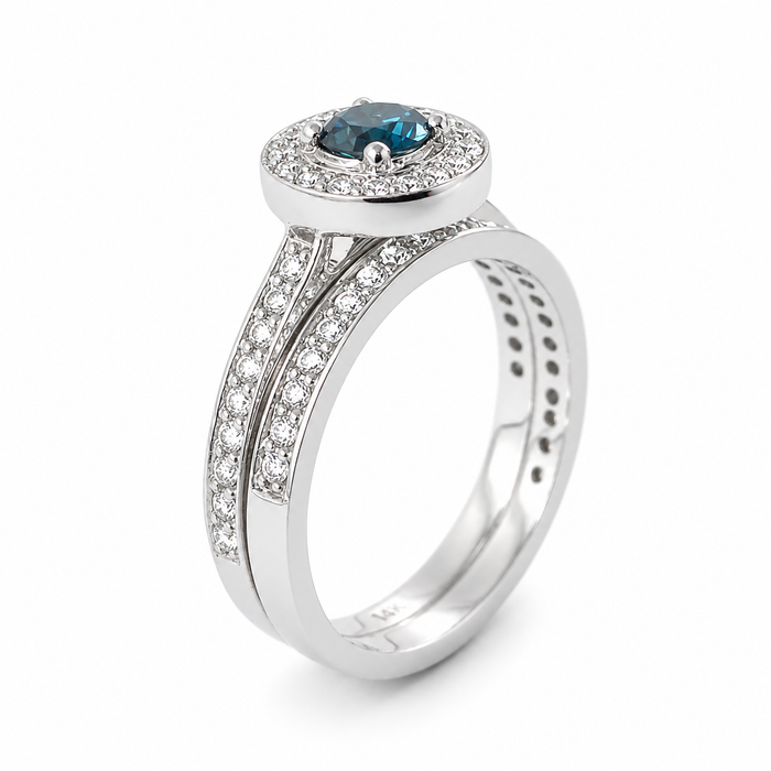 Blue diamond round diamond halo 14k white gold wedding ring set