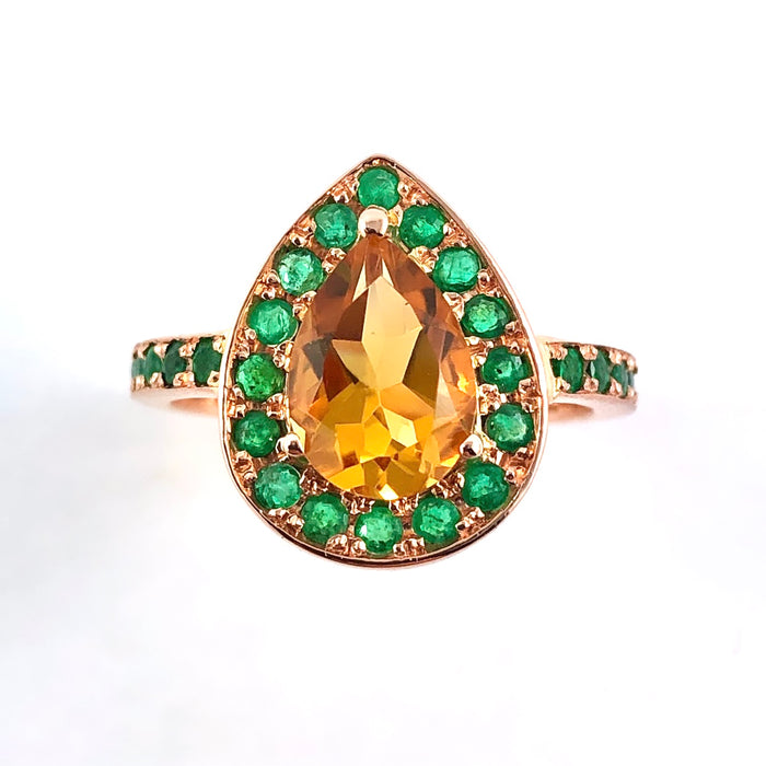 Citrine pear and emerald halo rose gold alternative engagement ring - Customise size, halo gemstones and gold colour