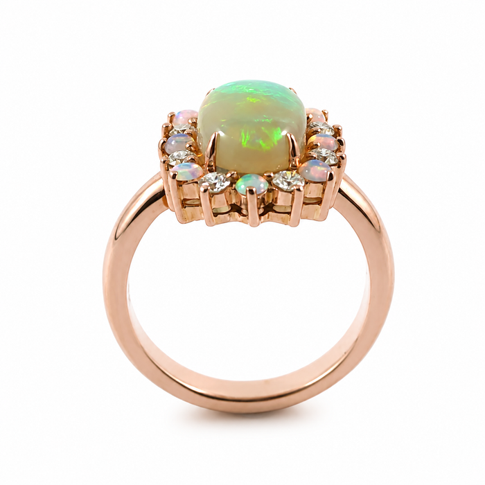 Australian jelly opal diamond halo 14k rose gold ring