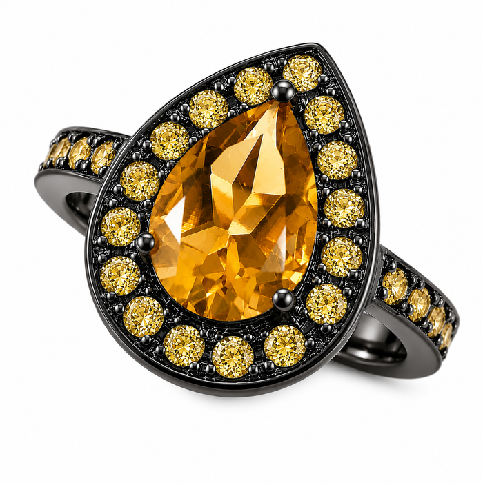 Citrine pear and emerald halo rose gold alternative engagement ring - Customise size, halo gemstones and gold colour