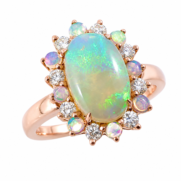 Australian jelly opal diamond halo 14k rose gold ring