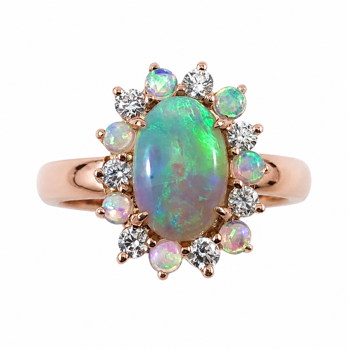 Australian black opal and diamond halo 14k rose gold ring