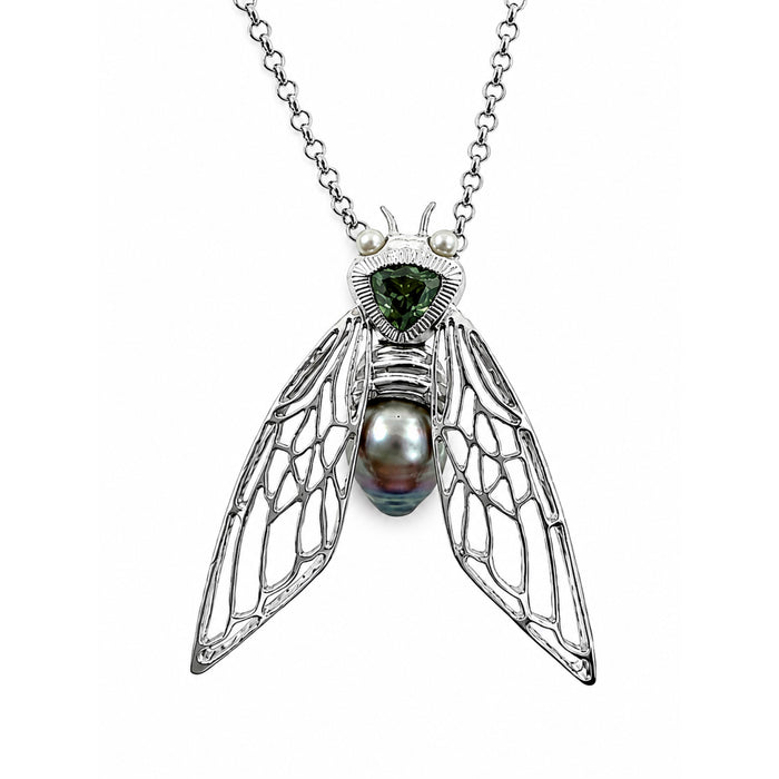 Cicada insect Tahitian pearl Australian green trillion cut sapphire rhodium plated silver pendant necklace