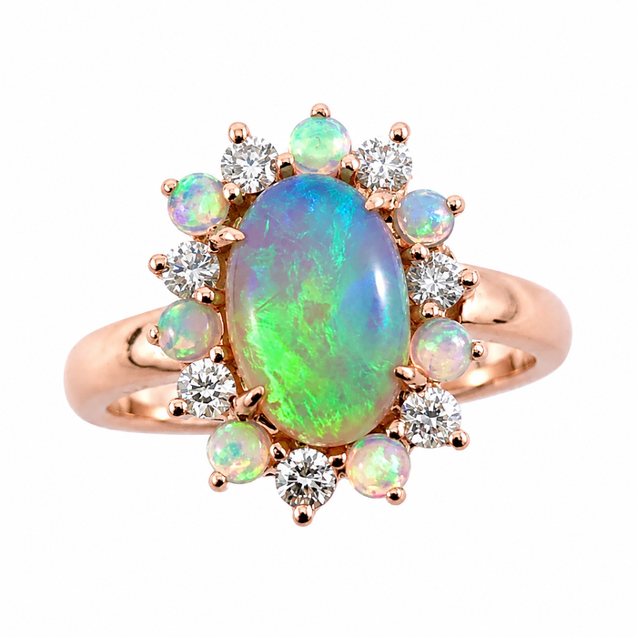 Australian black opal and diamond halo 14k rose gold ring