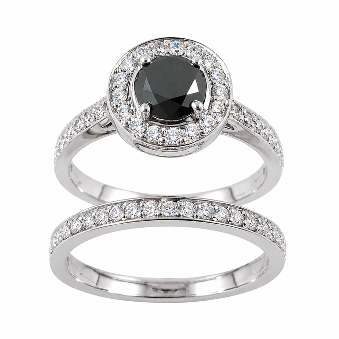 Black diamond round diamond halo 14k white gold wedding ring set