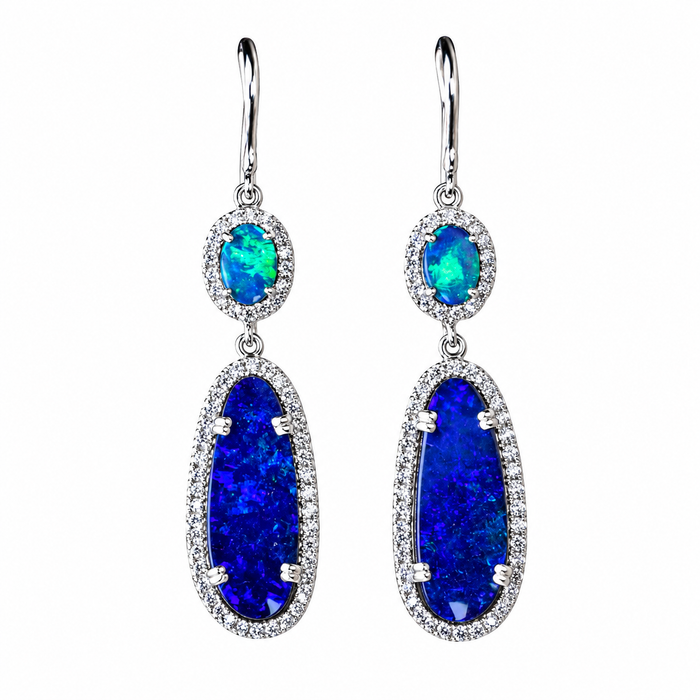 Blue opal diamond halo 925 silver dangle earrings - Ready to ship