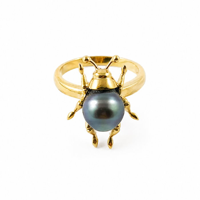 Beetle bug insect Tahitian pearl 14k yellow gold ring