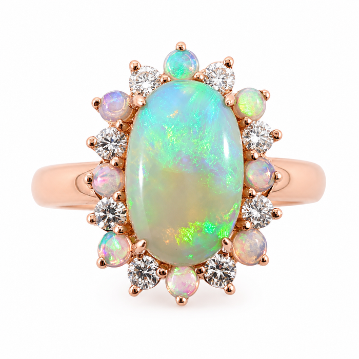 Australian jelly opal diamond halo 14k rose gold ring