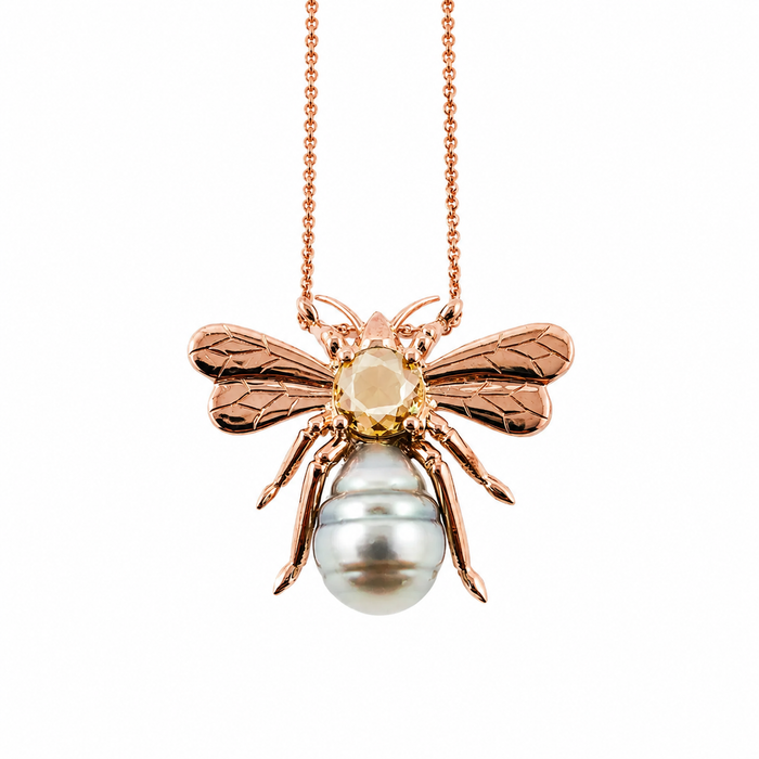 Bee insect Tahitian pearl, yellow rose cut sapphire, 14k rose gold pendant necklace