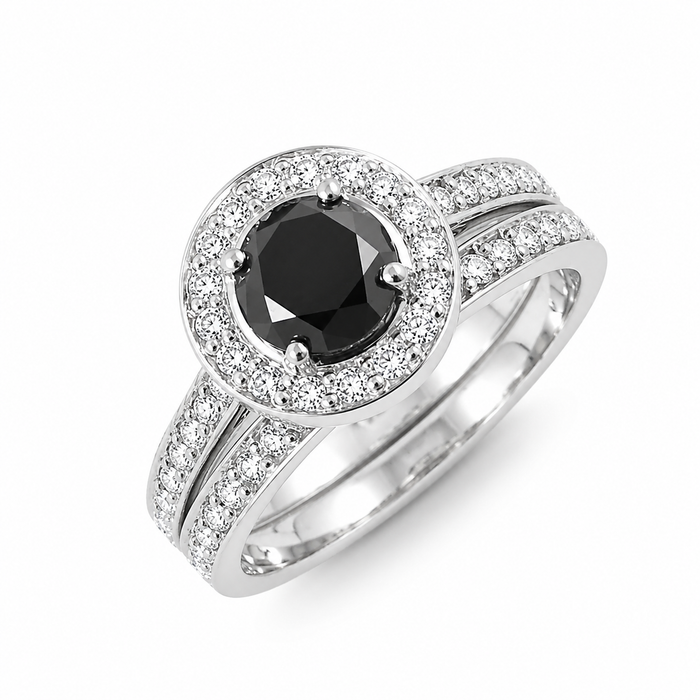 Black diamond round diamond halo 14k white gold wedding ring set