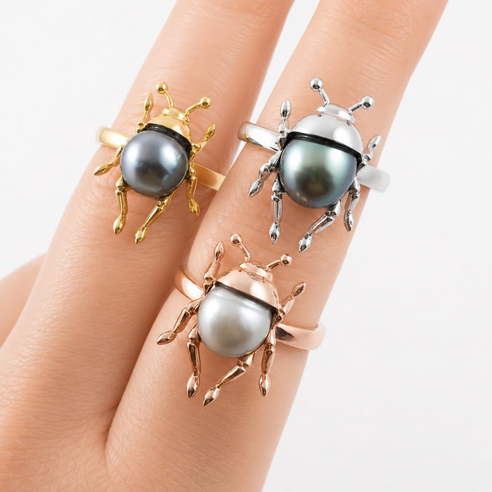 Beetle bug insect Tahitian pearl 14k white gold ring