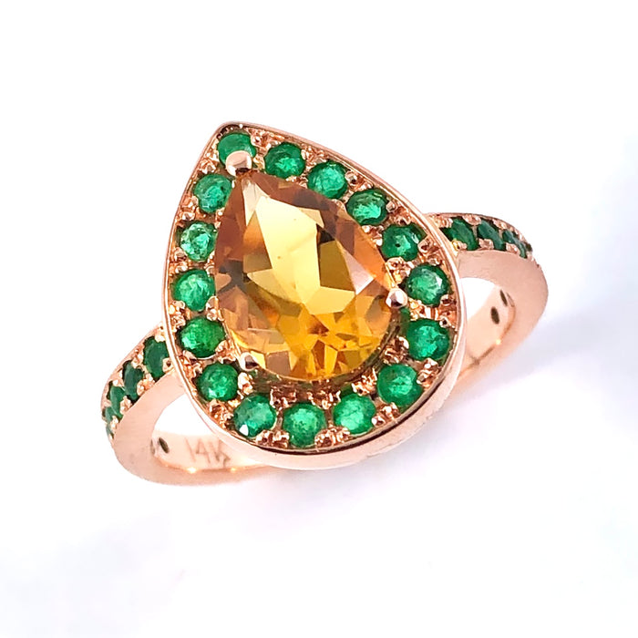 Citrine pear and emerald halo rose gold alternative engagement ring - Customise size, halo gemstones and gold colour