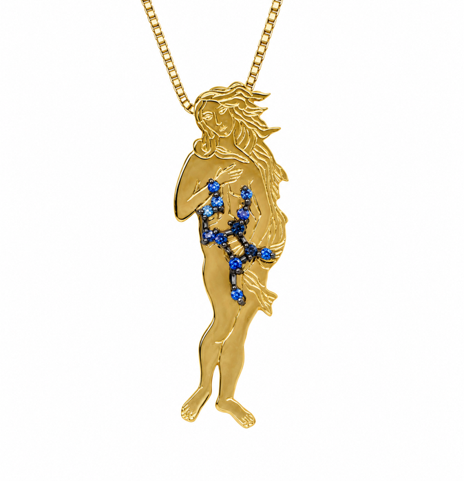 Virgo as Botticelli's Venus solid gold Virgo constellation blue sapphire birthstone pendant