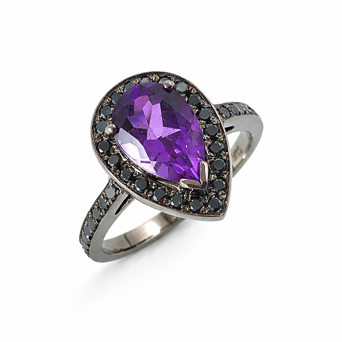 Amethyst pear gemstone halo gold ring - Customise size, halo gemstones and gold colour