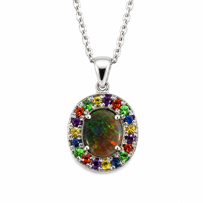 Australian opal fancy sapphires and amethyst halo white gold pendant necklace