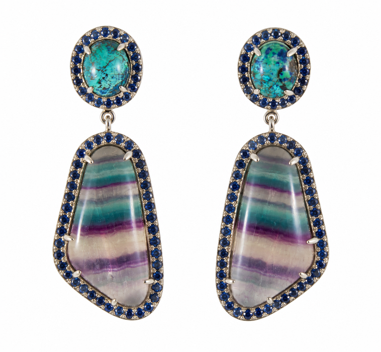 Rainbow fluorite, chrysocolla, blue sapphire halo silver dangle earrings