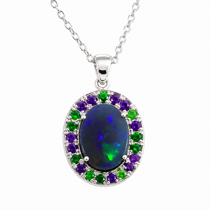 Australian opal Tsavorite garnet and amethyst halo white gold pendant necklace