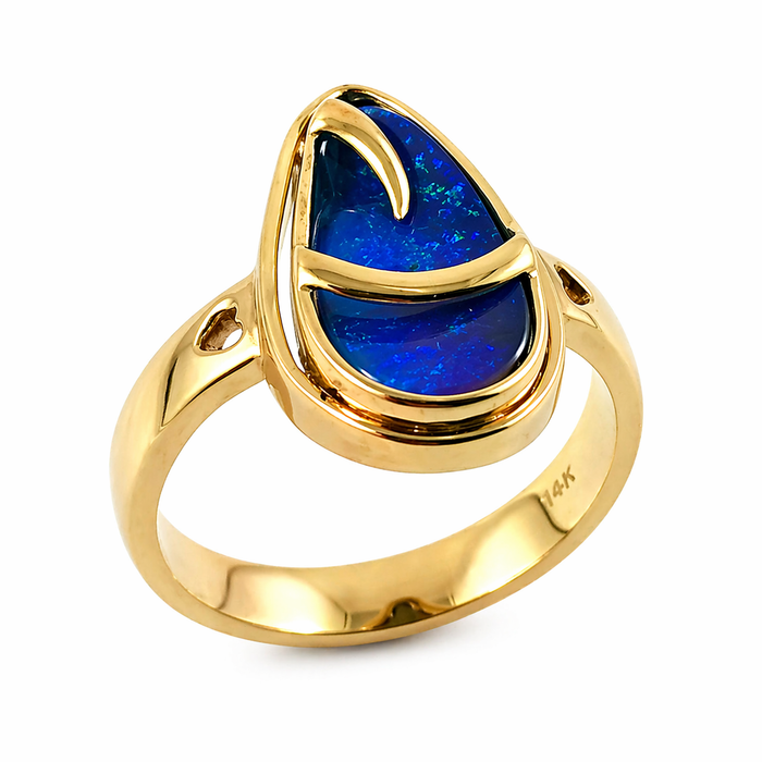 Australian blue Boulder opal organic sprout design solid yellow gold ring Size 11.5 US - Ready to ship or resize
