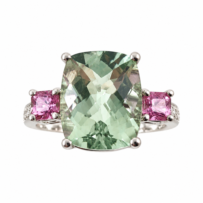 Green amethyst pink sapphire multi stone diamond 14k white gold ring