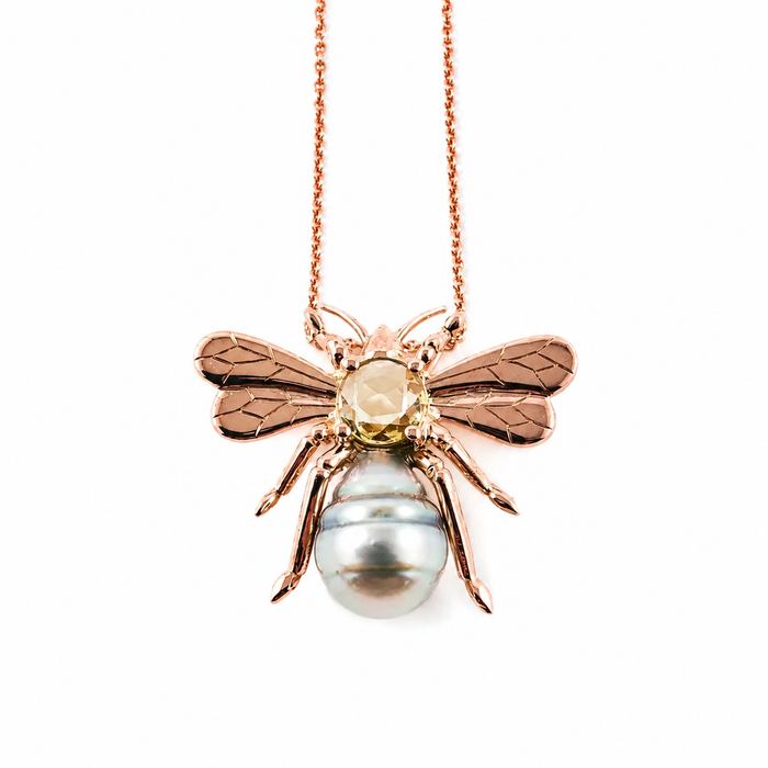 Bee insect Tahitian pearl, yellow rose cut sapphire, 14k rose gold pendant necklace