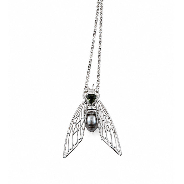 Cicada insect Tahitian pearl Australian green trillion cut sapphire rhodium plated silver pendant necklace