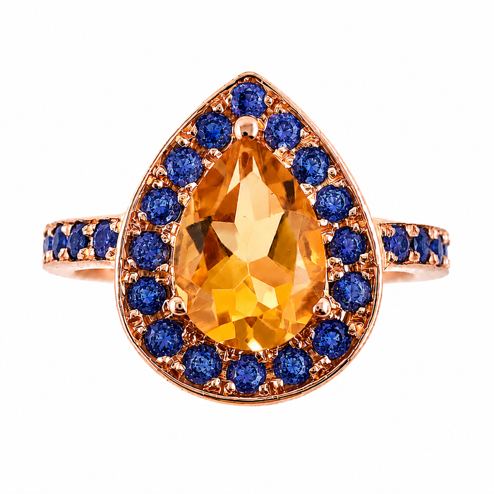 Citrine pear and emerald halo rose gold alternative engagement ring - Customise size, halo gemstones and gold colour