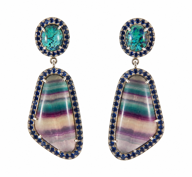 Rainbow fluorite, chrysocolla, blue sapphire halo silver dangle earrings