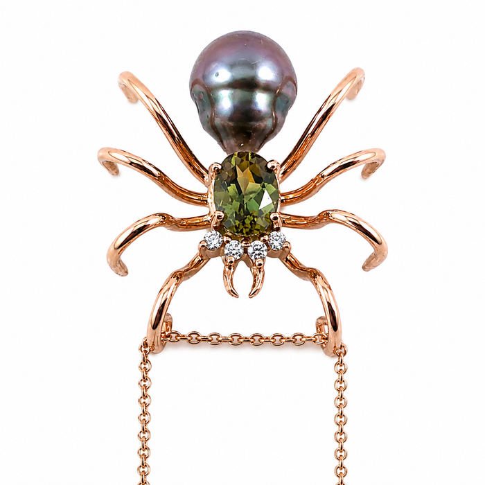 Spider arachnid insect Tahitian pearl Australian parti sapphire 14k rose gold pendant necklace