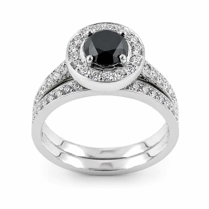 Black diamond round diamond halo 14k white gold wedding ring set
